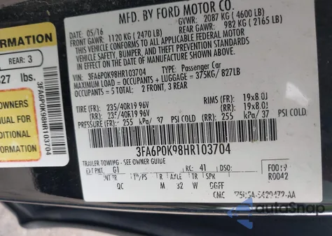 2017 Ford Fusion Platinum z USA, uszkodzony, nr VIN 3FA6P0K98HR103704